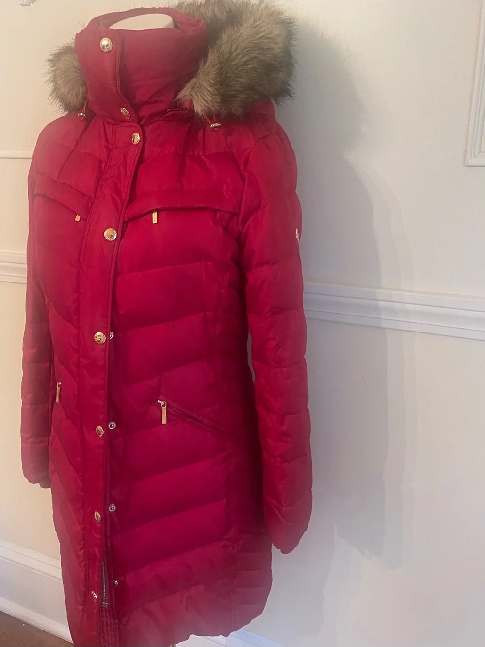 Michael Kors Red Long Quilted Puffer Coat with Faux Fur Hood